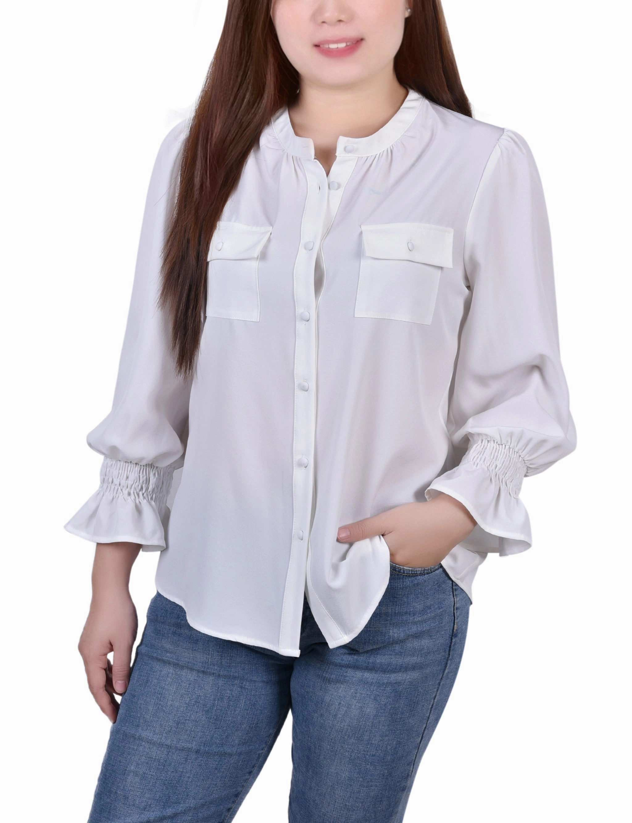 Taped Neckline Tagless Labeling Long Sleeve Y Neck Blouse