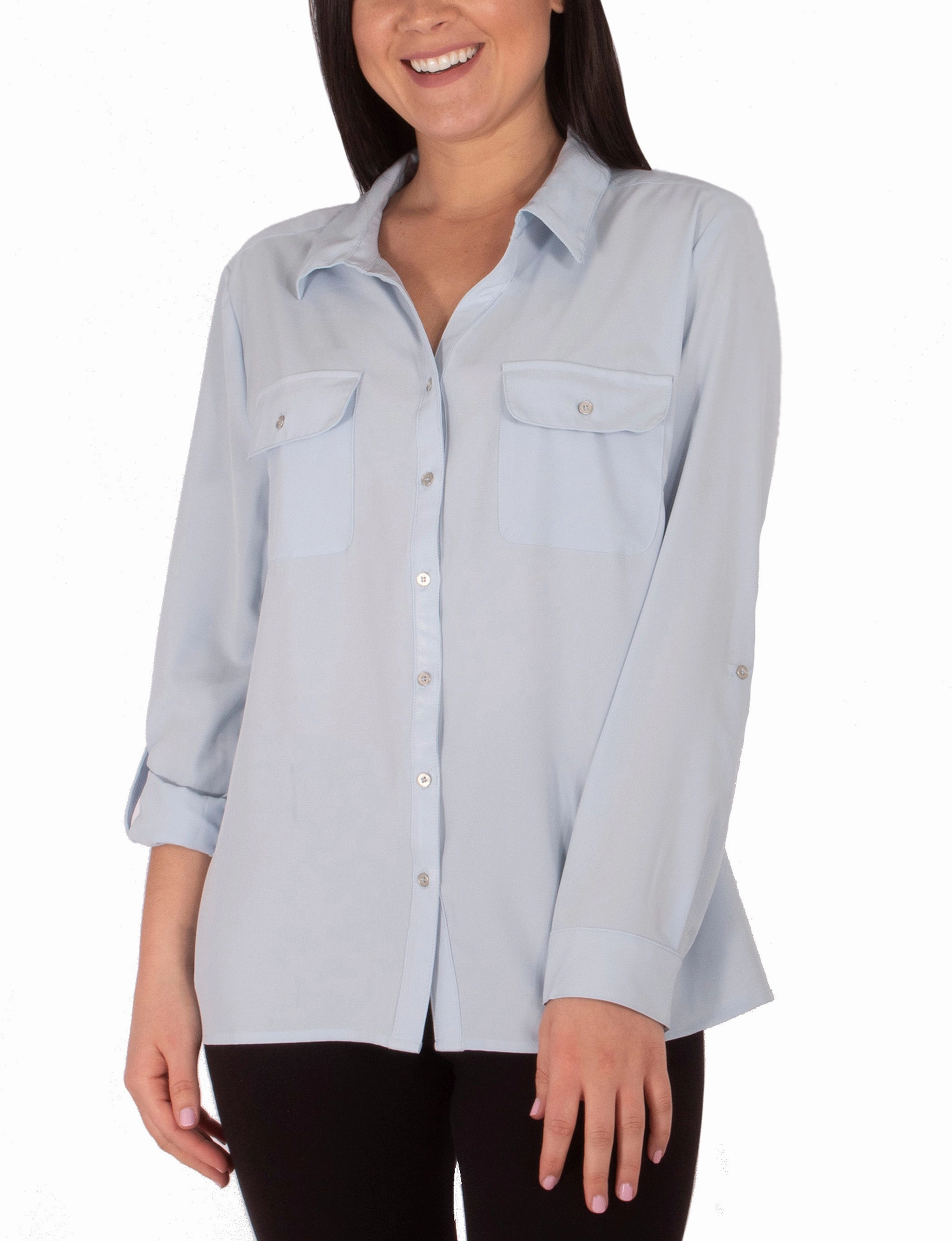 ThermalRegulating Compact Thermal Insulation Long Sleeve Y Neck Blouse With Flap Pockets