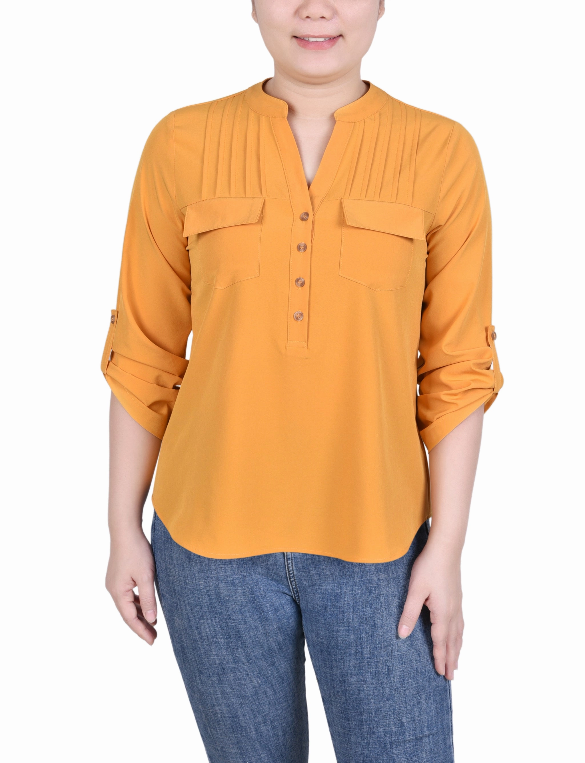AntiOdorTechnology Long Tab-Sleeve Blouse With Pockets