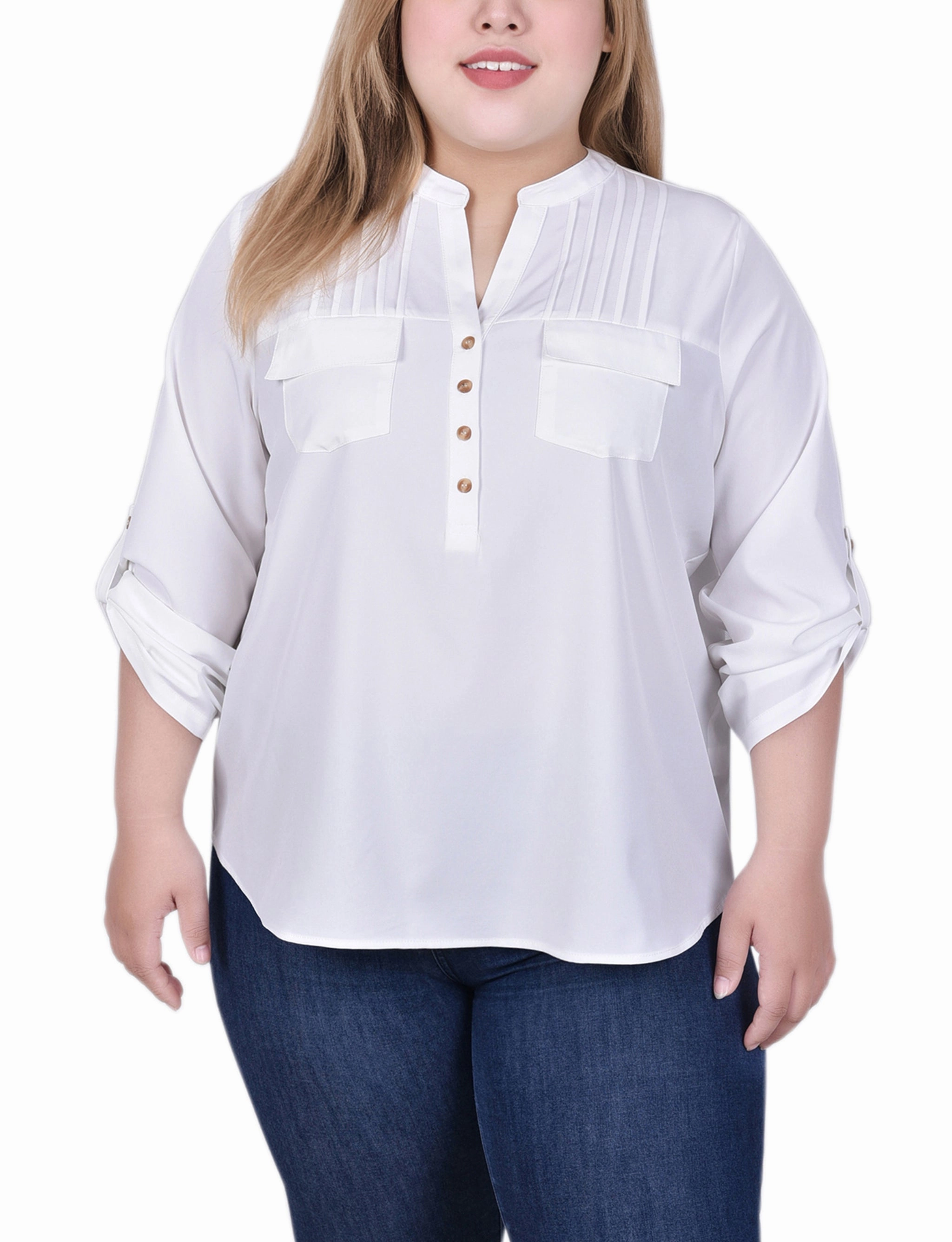 Long Tab-Sleeve Blouse With Pockets Summer Blouse