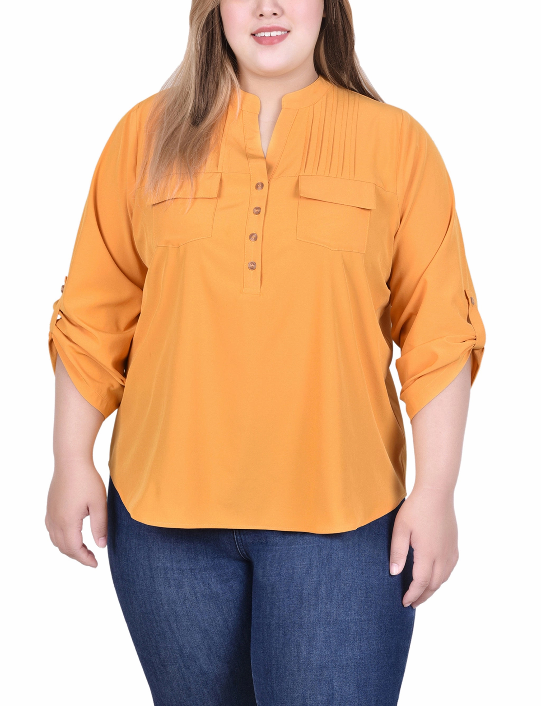 Long Tab-Sleeve Blouse With Pockets FoldableFeature
