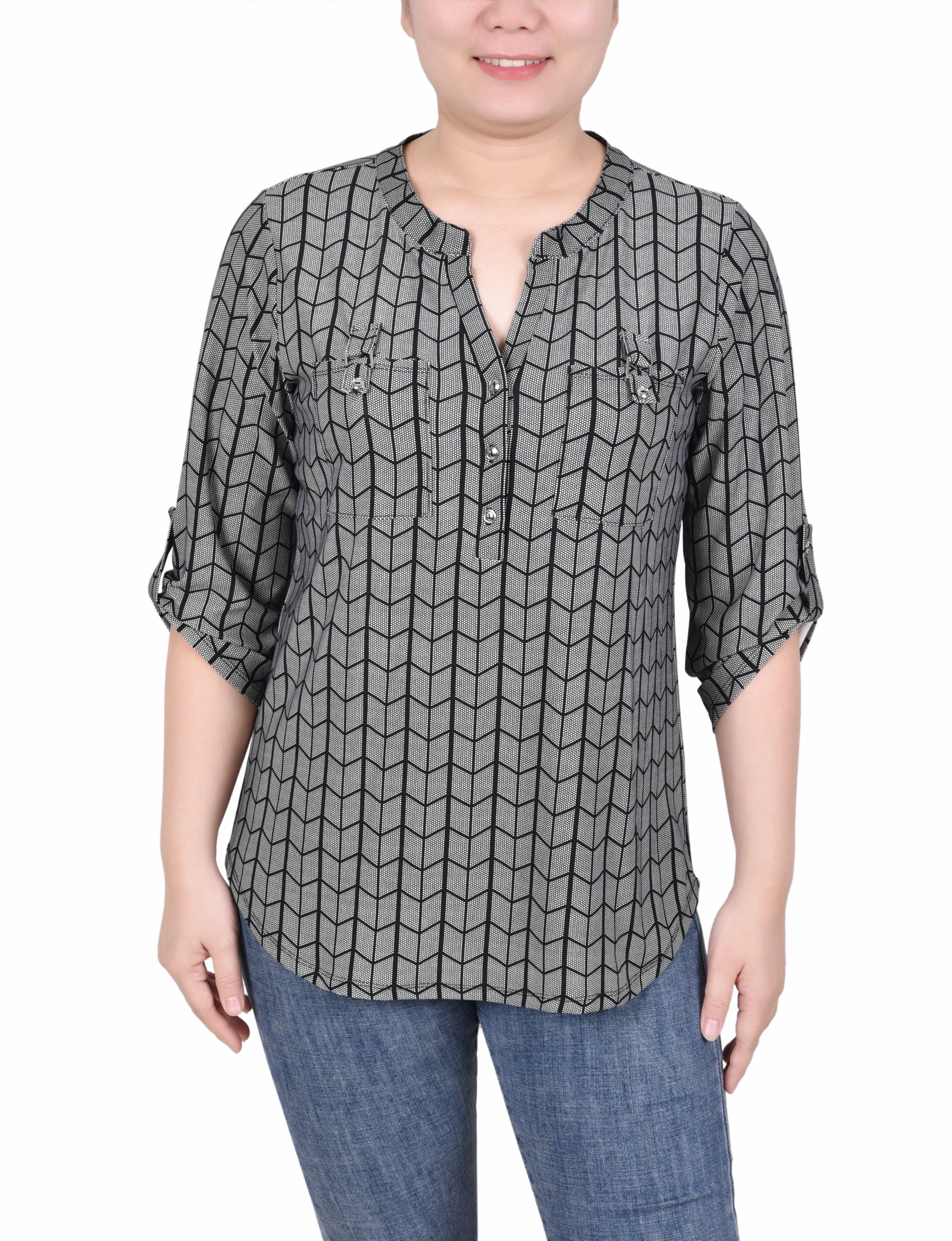 Long Tab-Sleeve Top With Pockets Seamless construction Adaptive Waistband