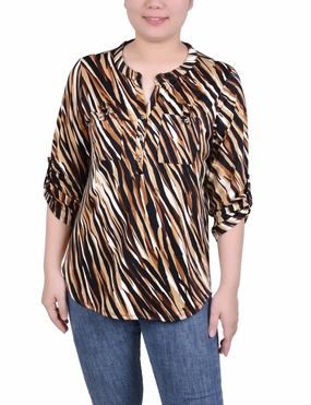 MinimalistSilhouette Long Tab-Sleeve Top With Pockets