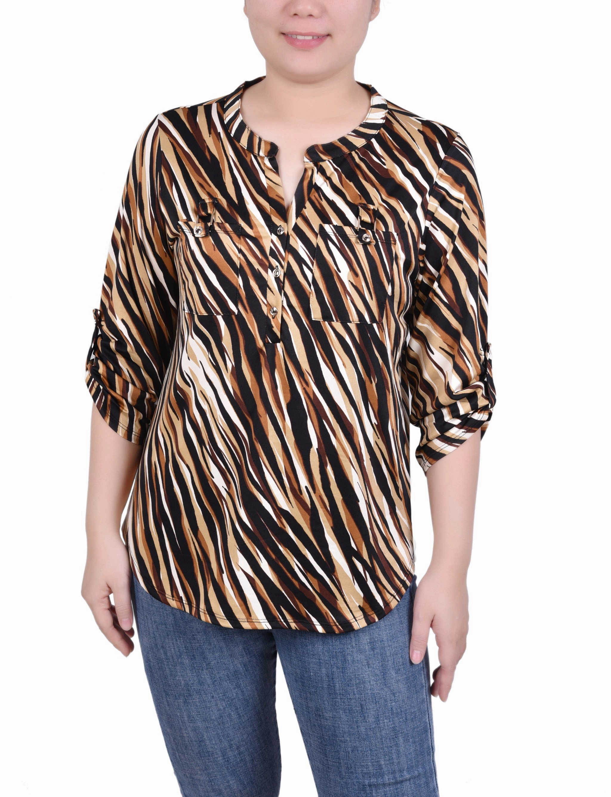 MinimalistSilhouette Long Tab-Sleeve Top With Pockets