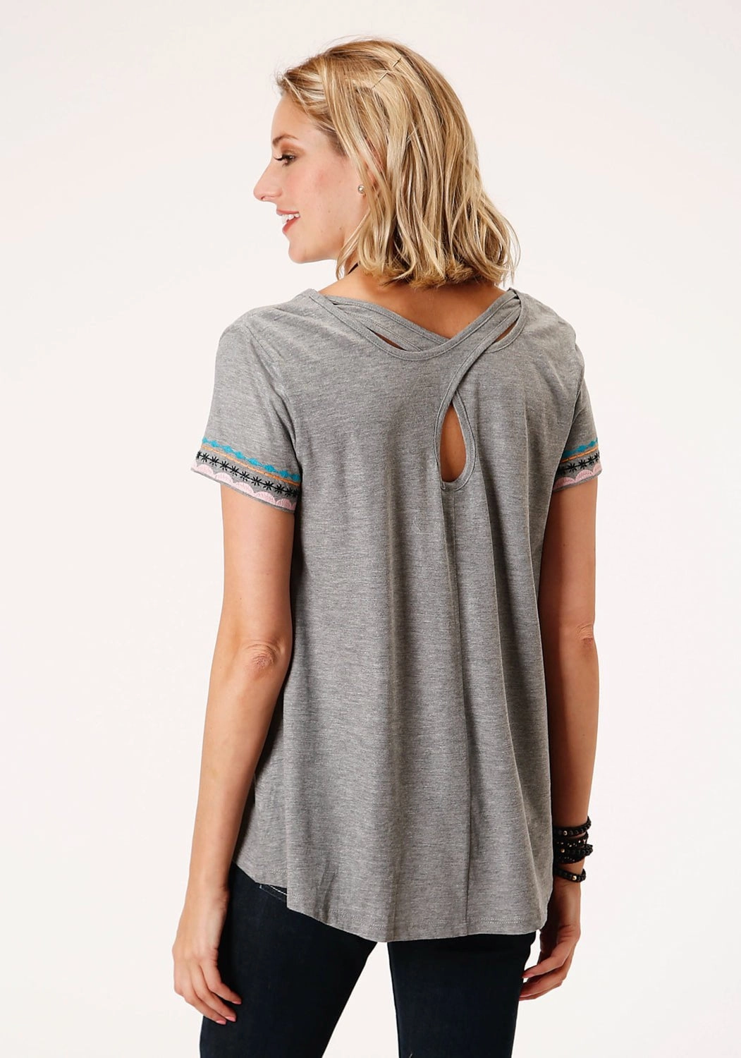 Roper Womens Grey 100% Cotton Geometric Embroidery S/S T-Shirt Ombre look