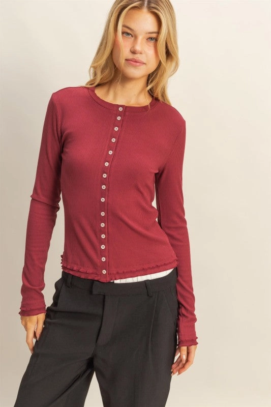 WrinkleFree Fabric Lorelei Long Sleeve Ribbed Button Down Fashion Knit Top