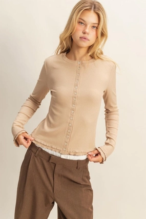 Lorelei Long Sleeve Ribbed Button Down Fashion Knit Top Wrinkle Resistant Weave Durable Reinforced Hem