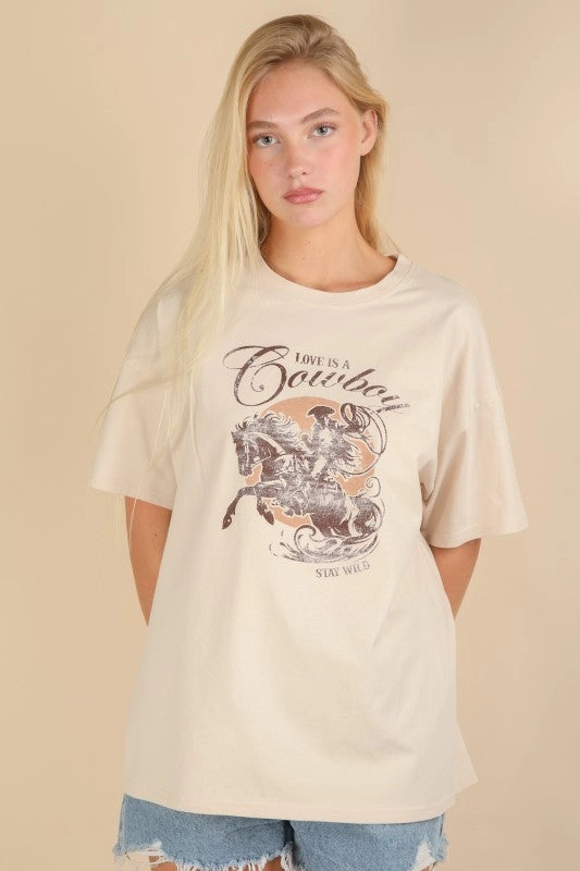 Love Is A Cowboy Graphic Top Interlock Stitch Detail Noise Reducing Fabric Treatment