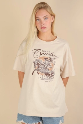 Durable Fiber Blend SubtleTexture Love Is A Cowboy Graphic Top