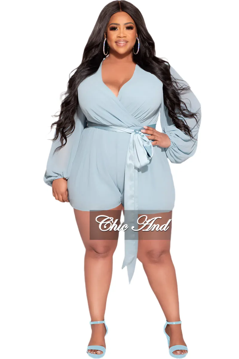 Final Sale Plus Size Chiffon Faux Wrap Bell Sleeve Romper in Light Teal Blue Versatile Fit