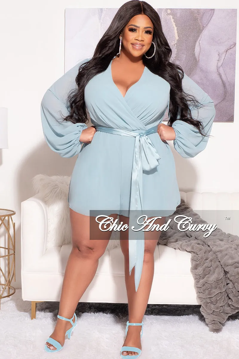 Side zipper Final Sale Plus Size Chiffon Faux Wrap Bell Sleeve Romper in Light Teal Blue