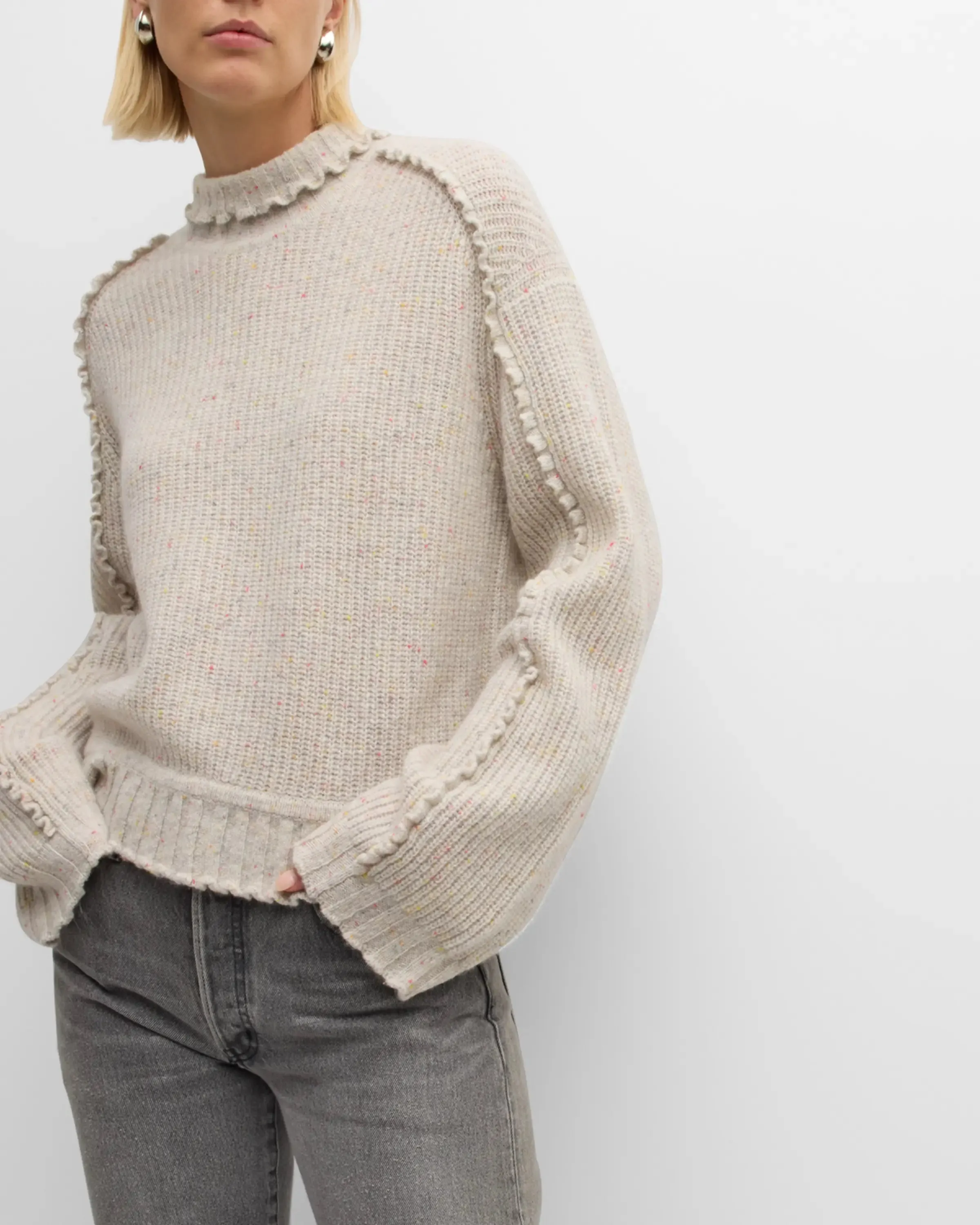 Autumn Cashmere Shaker Mock w/ Ruffled Detail Loose Blouse Yarn Dyed Stripes