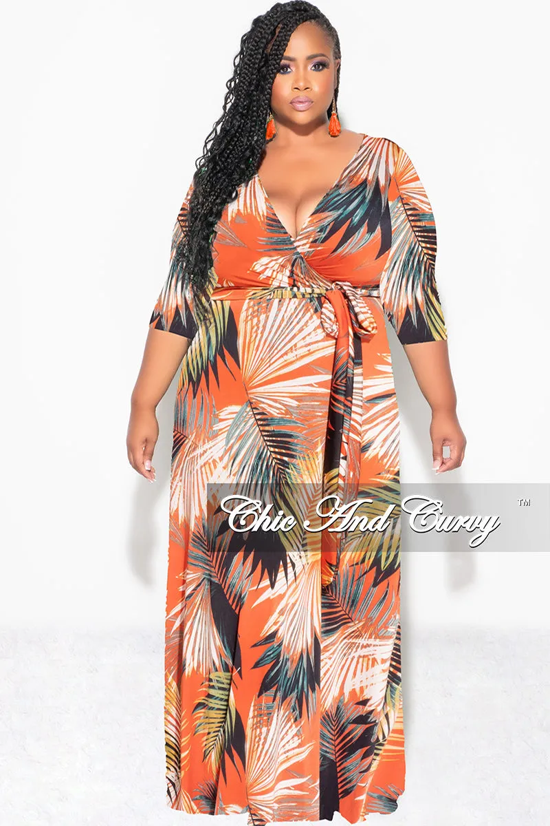 Dark wash Final Sale Plus Size Faux Wrap Dress in Orange Palm Print