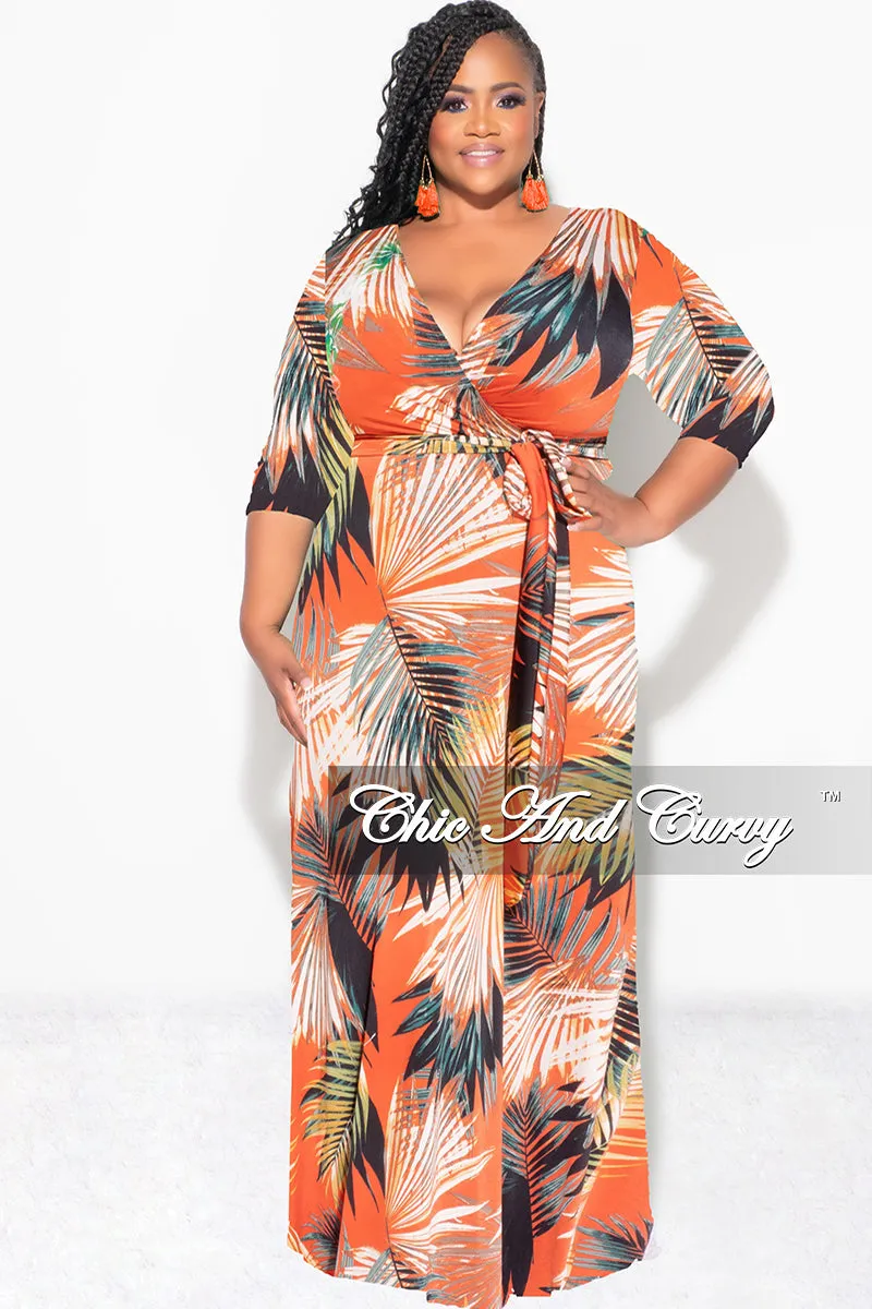 Final Sale Plus Size Faux Wrap Dress in Orange Palm Print Flat Lock Seams Tear Resistant Weave