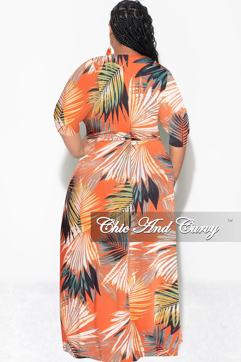 Final Sale Plus Size Faux Wrap Dress in Orange Palm Print Cozy Style