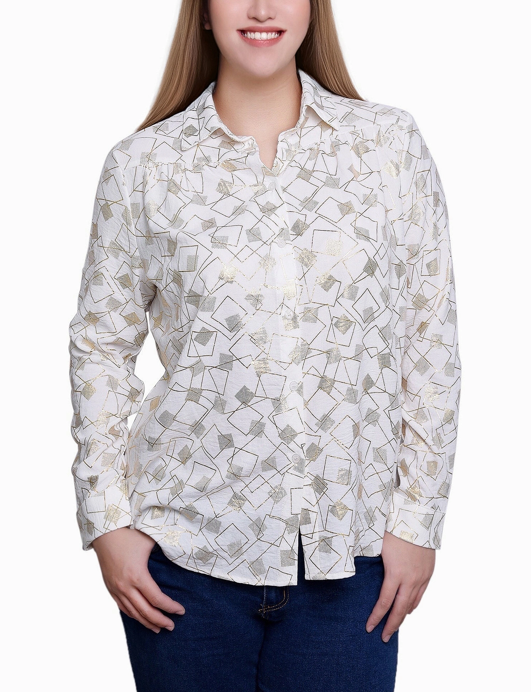 3/4 Sleeve Roll Tab Foil Print Blouse UVProtective Coating Comfy Layer