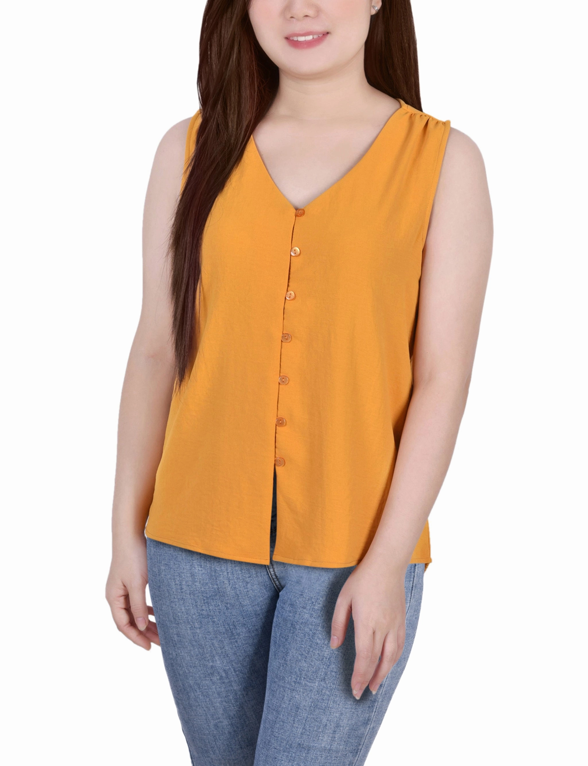 Petite Sleeveless Button Front Blouse DoubleStitching Ribbed Neckline