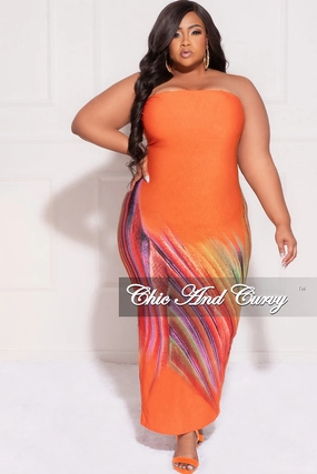 Final Sale Plus Size Strapless Tube BodyCon Dress in Orange Multi-Color Print High Rise Ultra Soft Texture