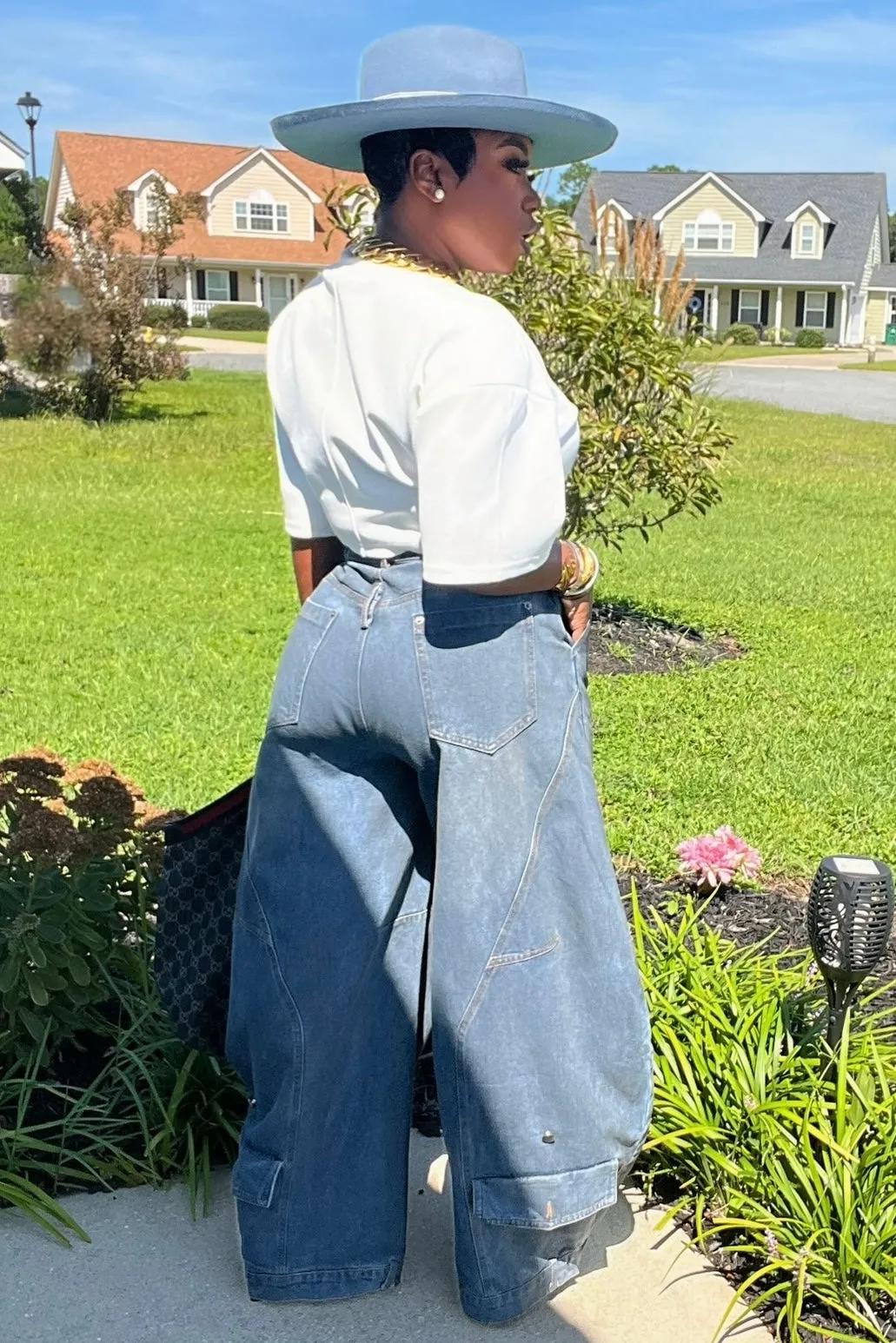 Lowanda Oversized Flap Over Statement Wide-Leg Denim Pants Beach Day Minimalist Style Youth Style Subtle design