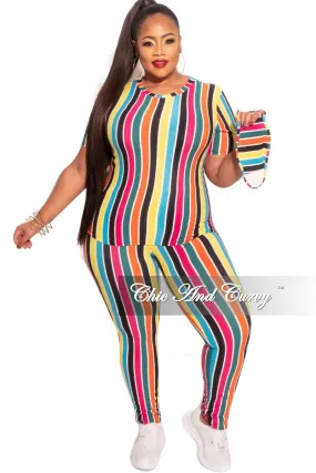 Hidden pockets Final Sale Plus Size 2-Piece Top and Pants Set in Multicolor Stripe Print