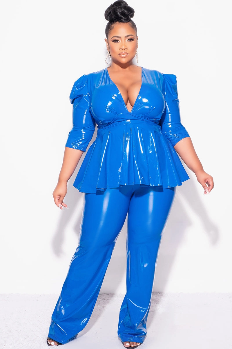 Final Sales Plus Size 2-Piece Latex Peplum Top and Pants Set in Royal Blue Comfort Design