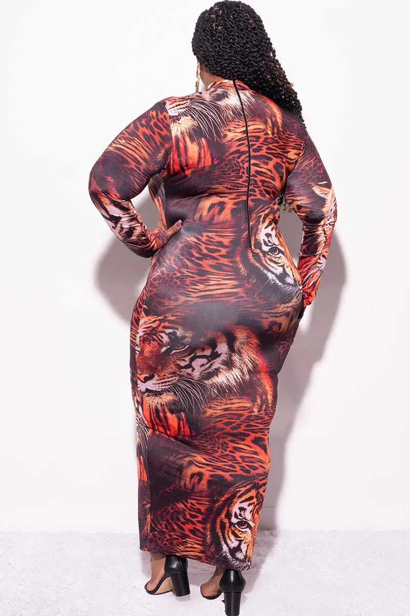 Final Sale Plus Size Midi Bodycon Dress in Tiger Print ReinforcedStitching SmoothZipClosure