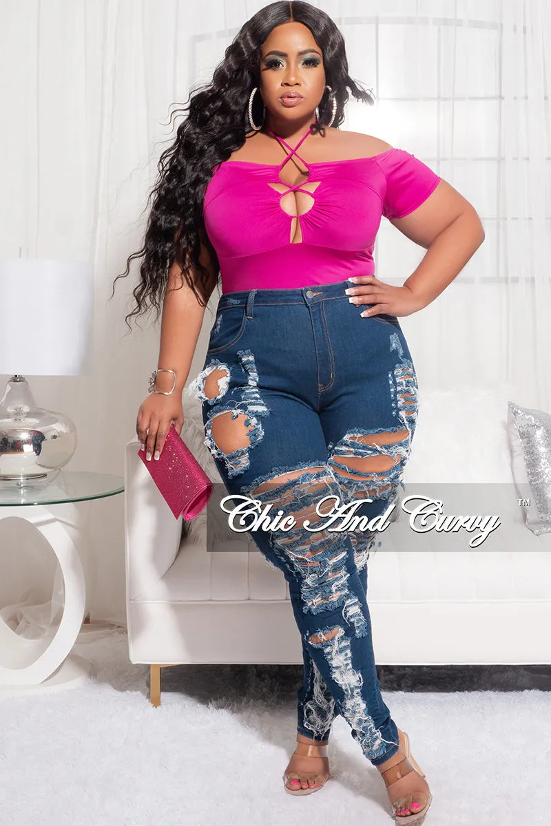 Chic Fit Core Ease Final Sale Plus Size Off the Shoulder Bodysuit with Lace Up Front in Fuchsia