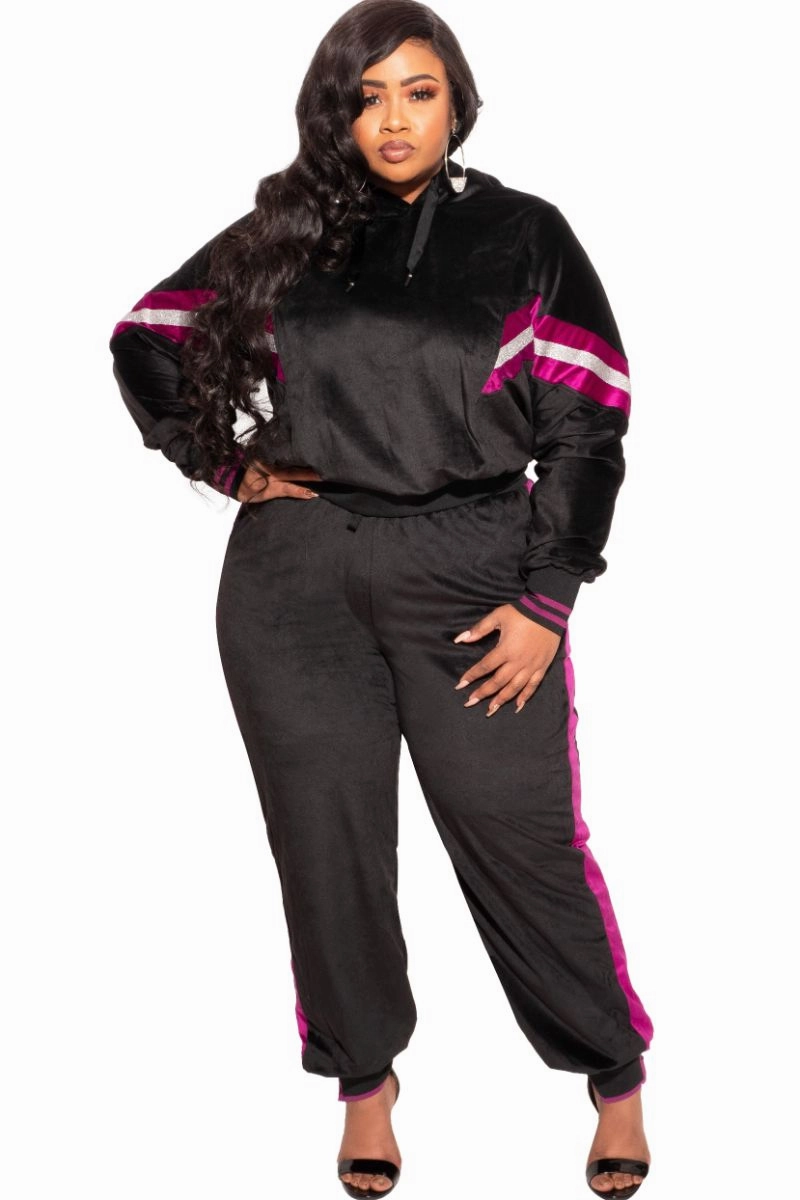 Final Sale Plus Size Long Sleeve Hooded Jogging Set in Black Work Comfort