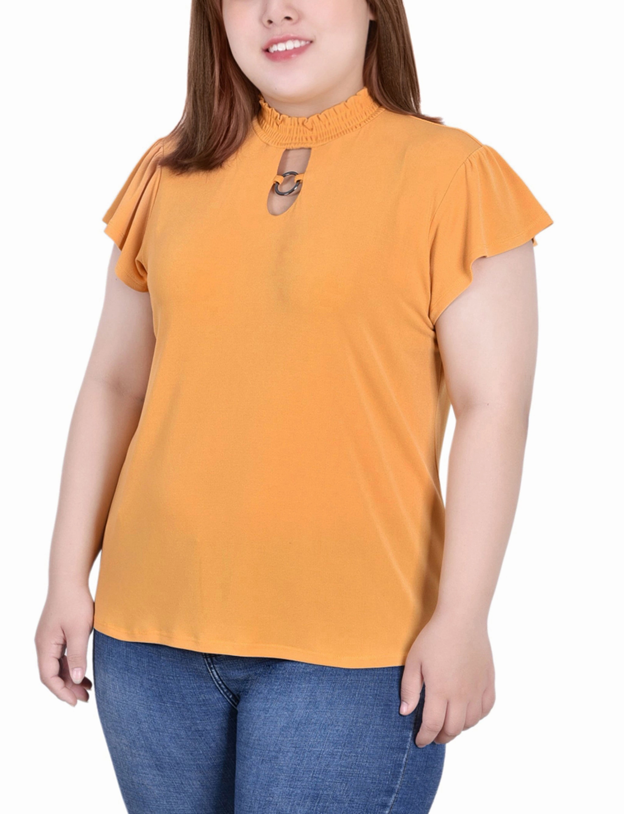 Plus Size Short Flutter Sleeve Mock Neck Top AntiOdor