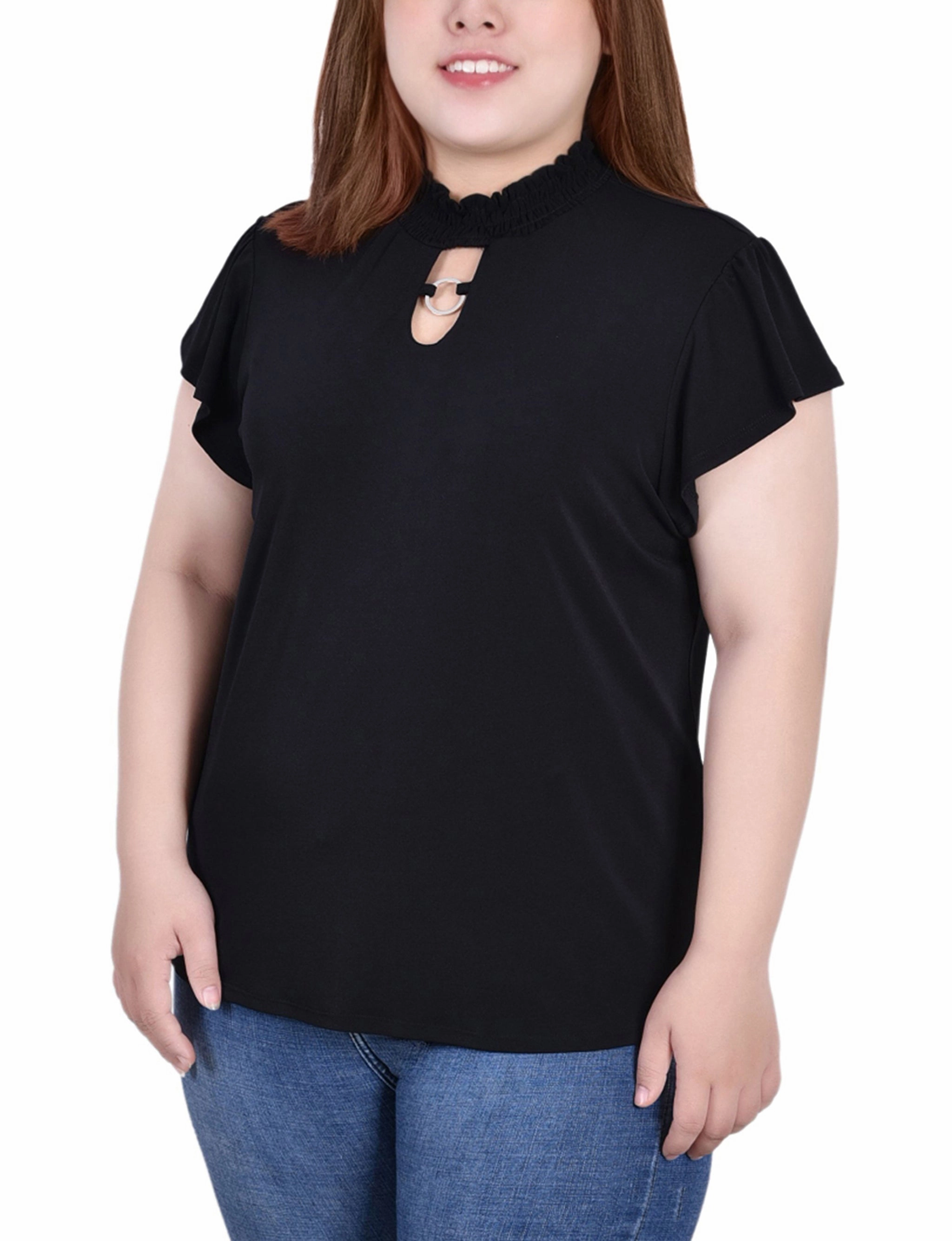 Abrasion Resistant Fabric Ventilated Panel Design Plus Size Short Flutter Sleeve Mock Neck Top