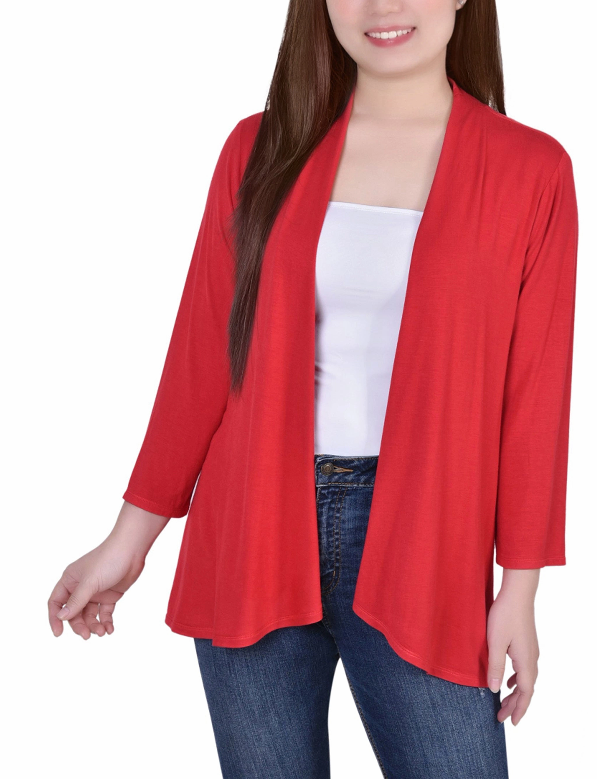 Petite Solid 3/4 Sleeve Cardigan Moisture Wicking Fabric