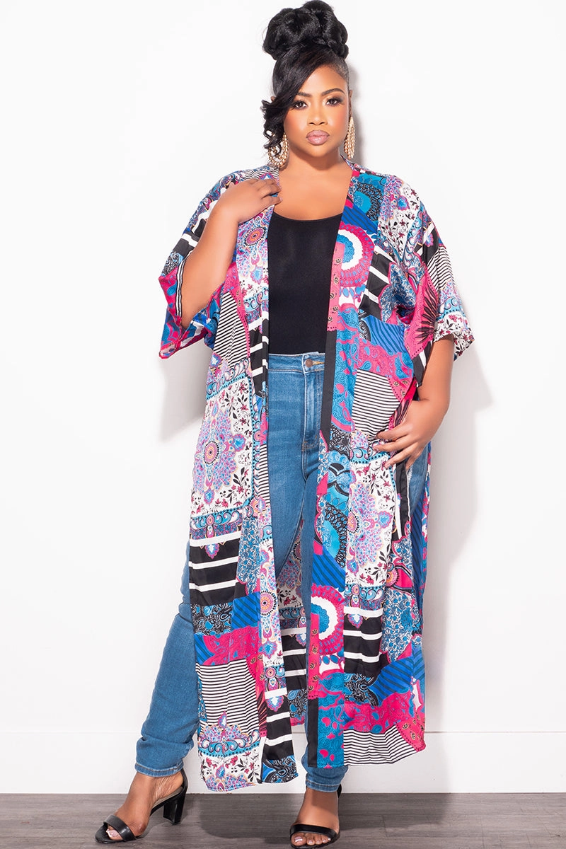 Breathable Waistband Final Sale Plus Size Plus Size Cardigan in Multi Color Design Print