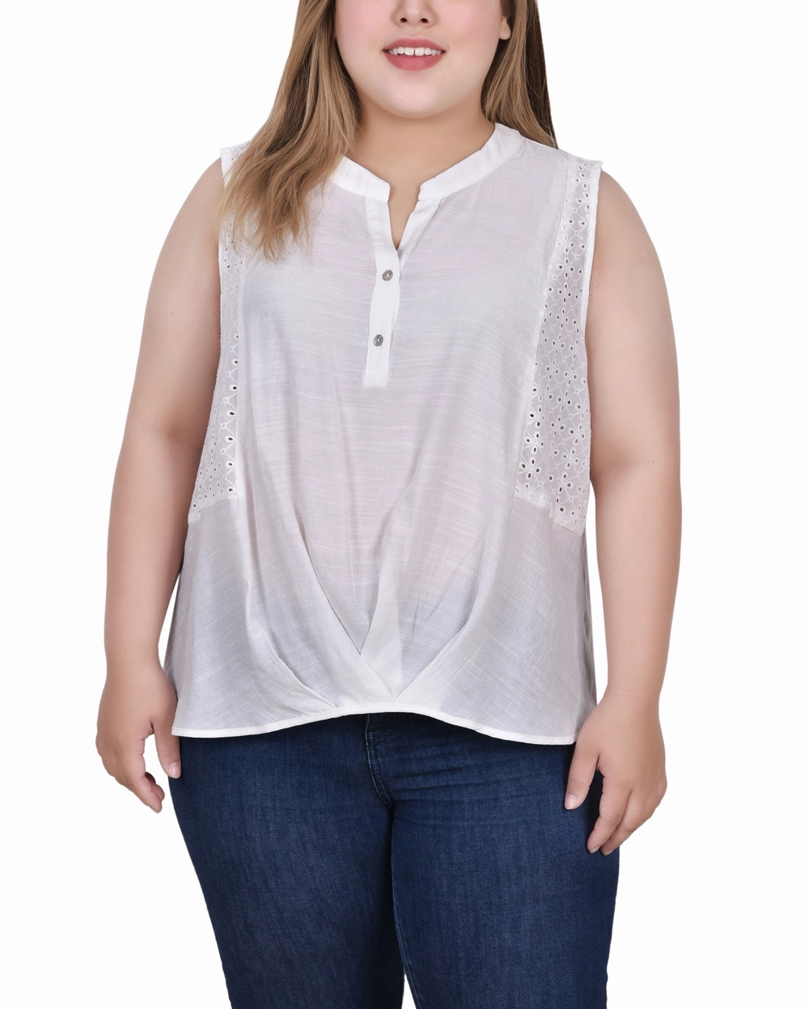 RibbedTrims HighElasticity Sleeveless Blouse With Eyelet Insets