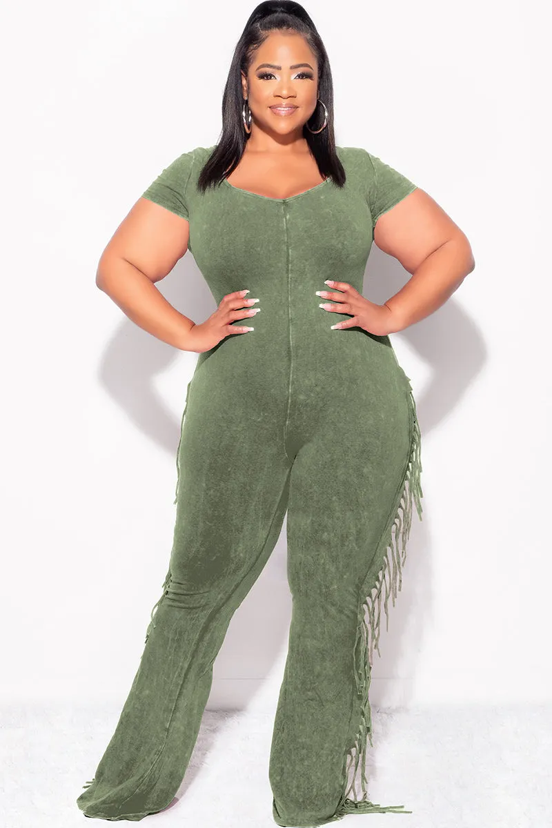Final Sale Plus Size Fringe Jumpsuit in Olive Functional Comfort Wear ReinforcedHemline
