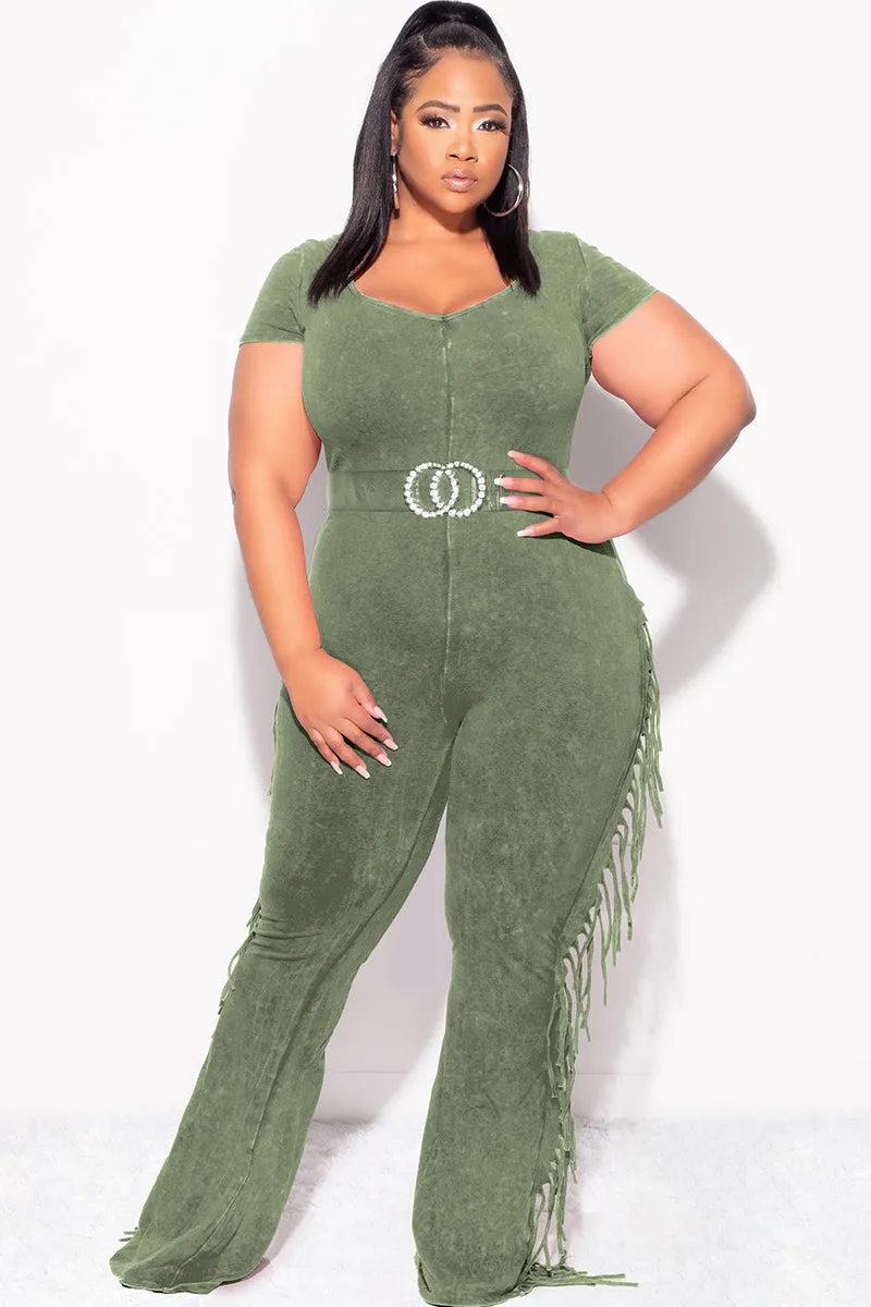 Relax Mode Perfect Fit Wear Final Sale Plus Size Fringe Jumpsuit in Olive