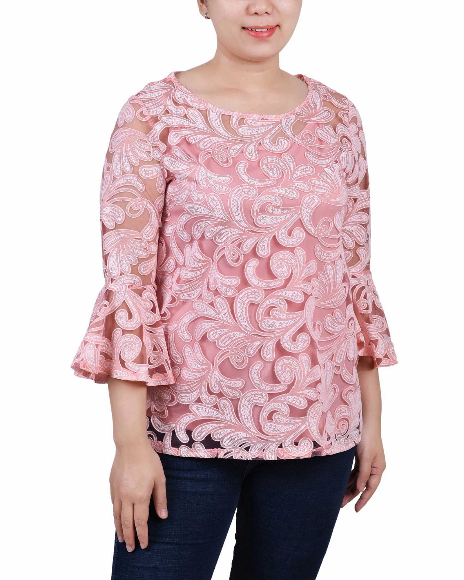 Petite 3/4 Sleeve Burnout Blouse With Matching Camisole Relaxed Design Sleeveless Top