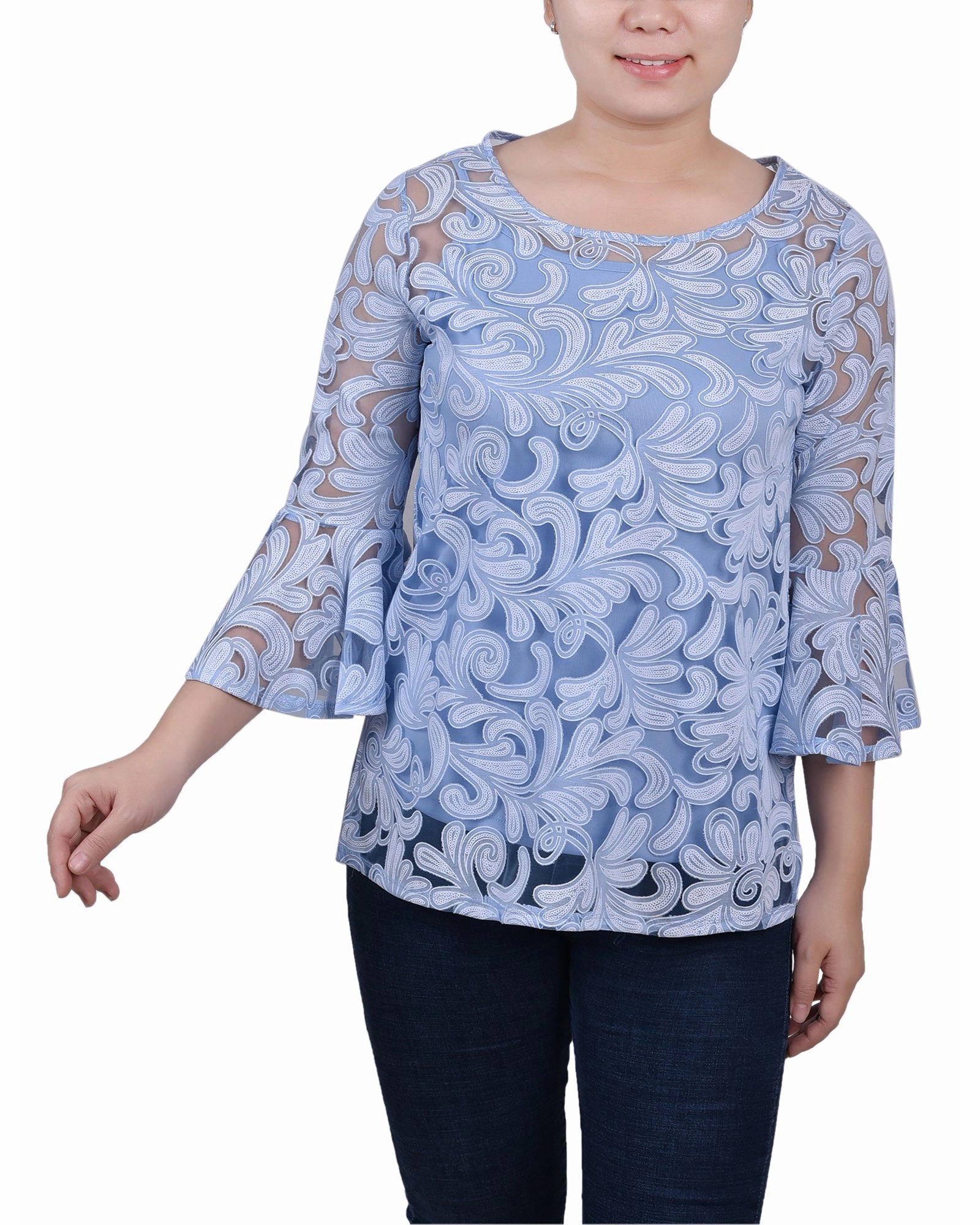 Petite 3/4 Sleeve Burnout Blouse With Matching Camisole Hypoallergenic fabric Fade Resistant Coating
