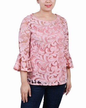 Non Chafe Armholes QuickRelease Fastener Petite 3/4 Sleeve Burnout Blouse With Matching Camisole