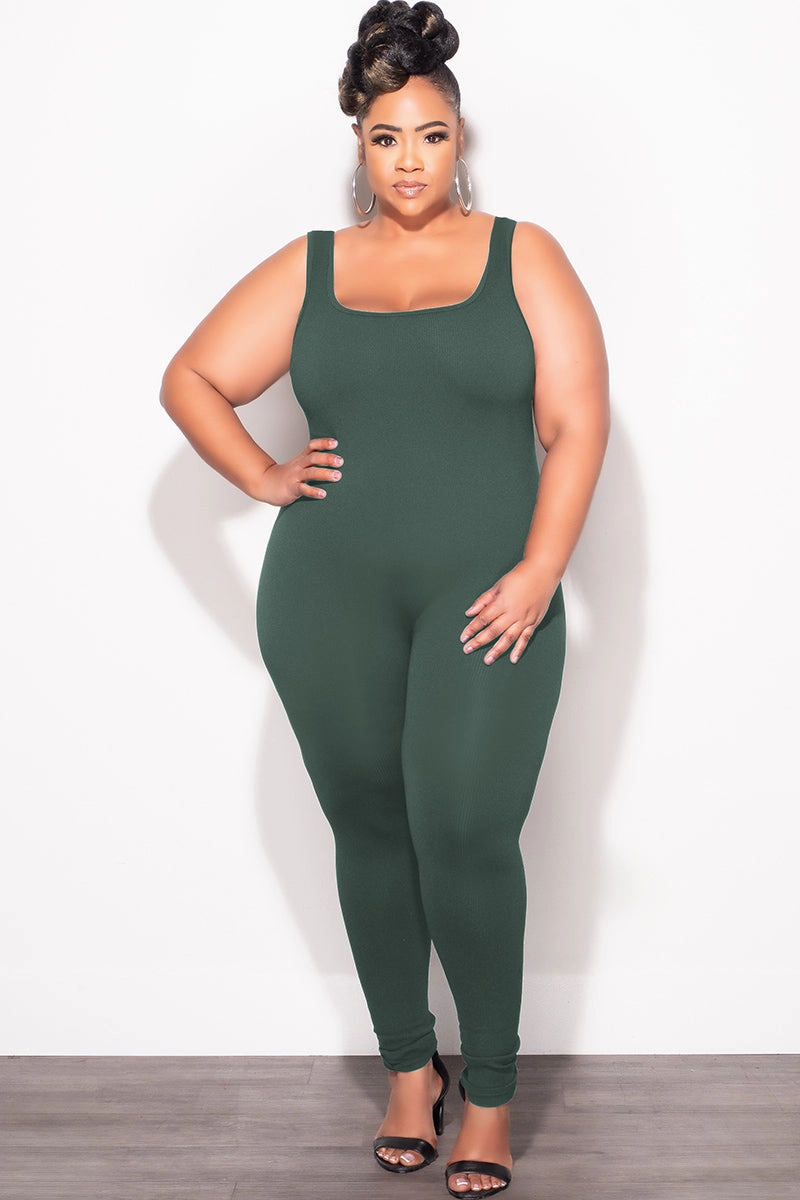 BreathableLining Final Sale Plus Size Thick Ribbed Catsuit Unitard in Green