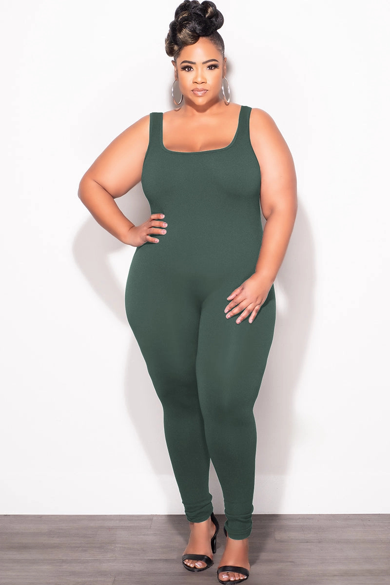 Final Sale Plus Size Thick Ribbed Catsuit Unitard in Green All Season Fit StaticDissipative