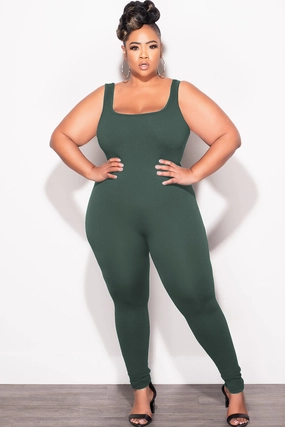 Final Sale Plus Size Thick Ribbed Catsuit Unitard in Green Multi Panel Construction