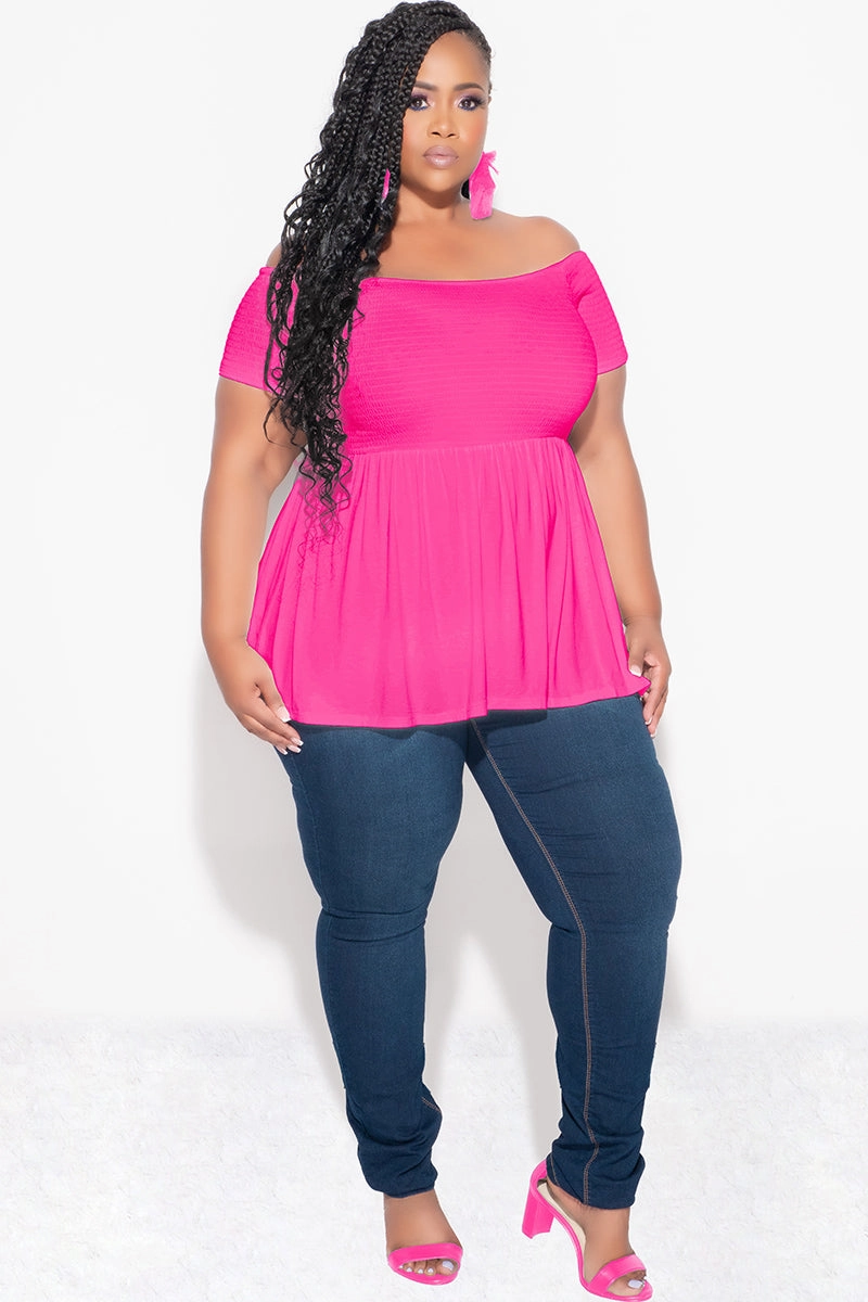 Final Sale Plus Size Smocked BabyDoll Top in Hot Pink Outdoor Lifestyle Reinforced Stress Points