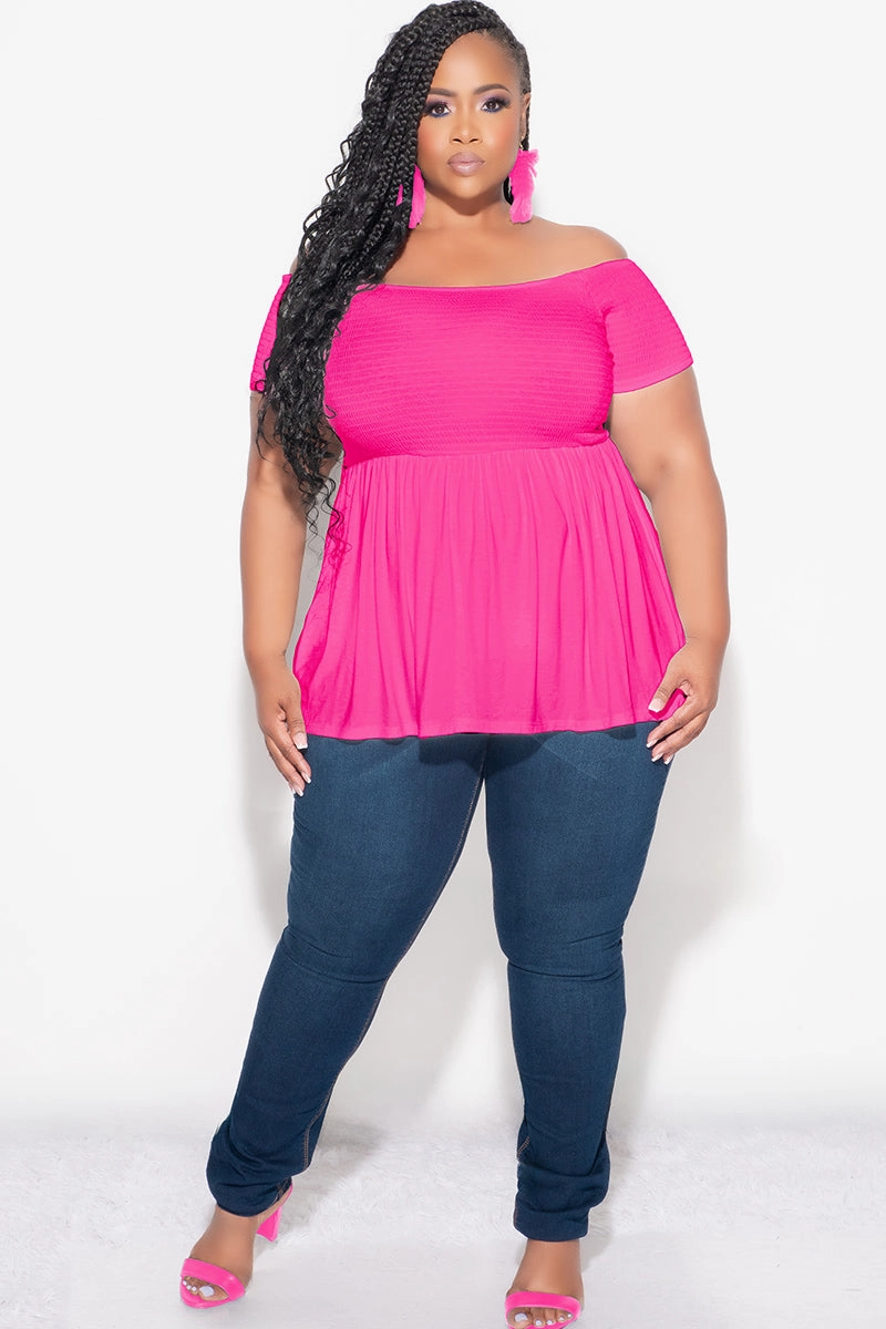 Chill Fit Final Sale Plus Size Smocked BabyDoll Top in Hot Pink