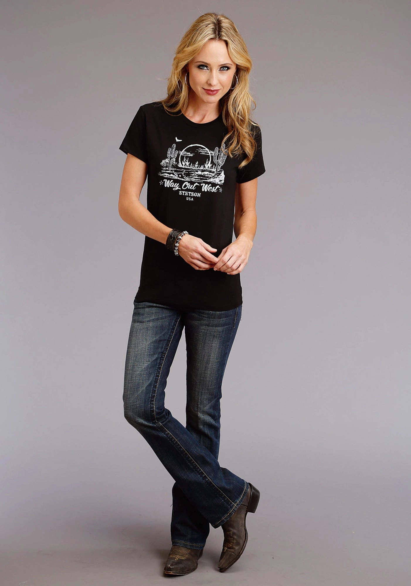 Roll-Up Sleeve Stetson Womens Black 100% Cotton Way Out West S/S T-Shirt