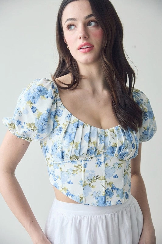 WrinkleResistant Cloth ReflectiveTrimDetails Dannie Floral Corset Waist Crop Top
