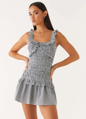 Layered Movement Refined Style Mali Shirred Mini Dress - Checker
