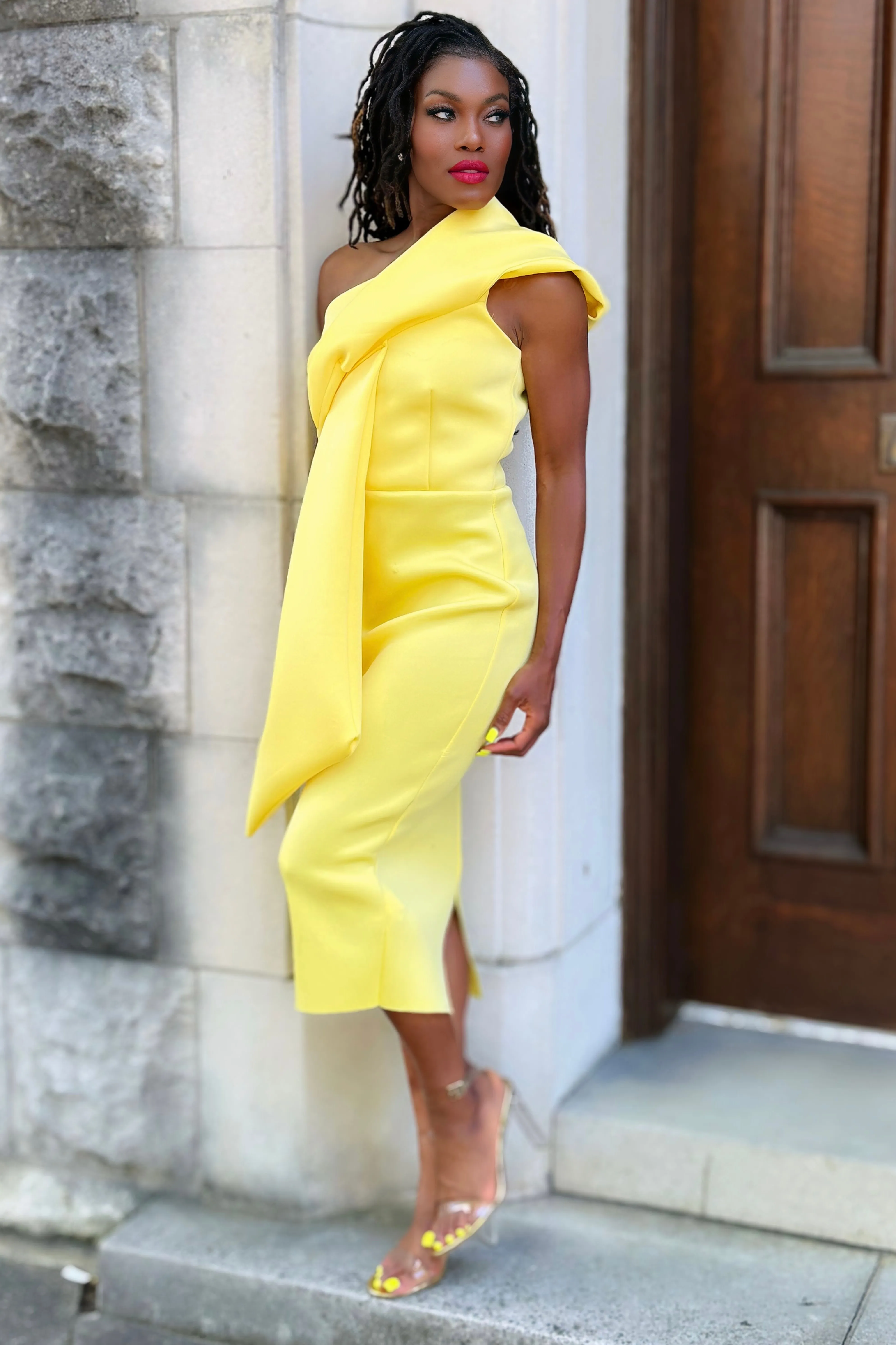 Tulle-Overlay Hip-Flattering Mary Fancy Origami Scuba Knit Midi Dress 6322