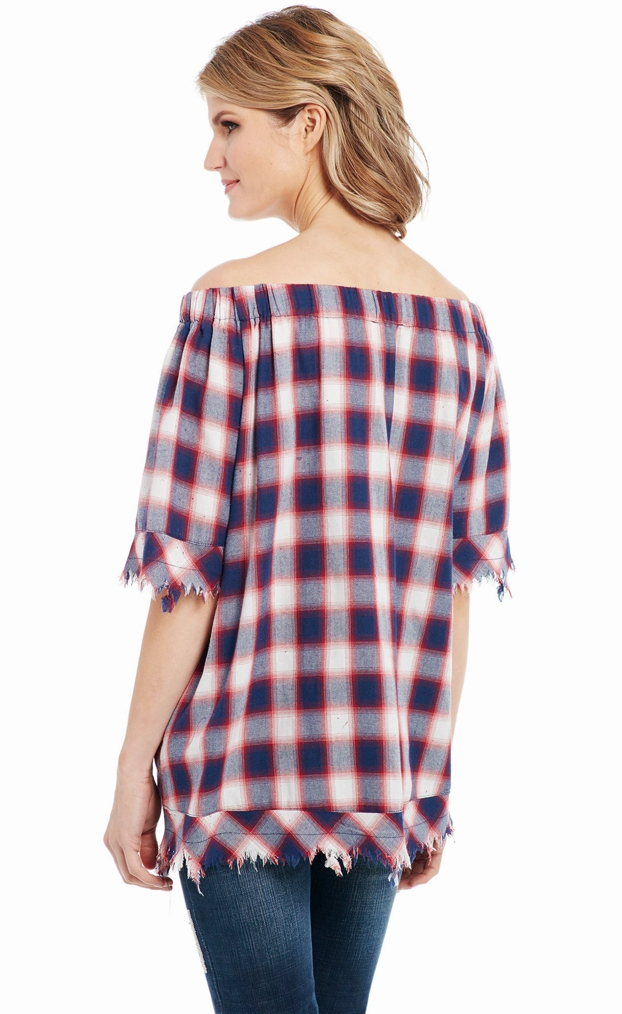 Cowgirl Up Womens Red/Blue 100% Cotton Raw Edge Fringe Plaid Tunic S/S Workwear Approved