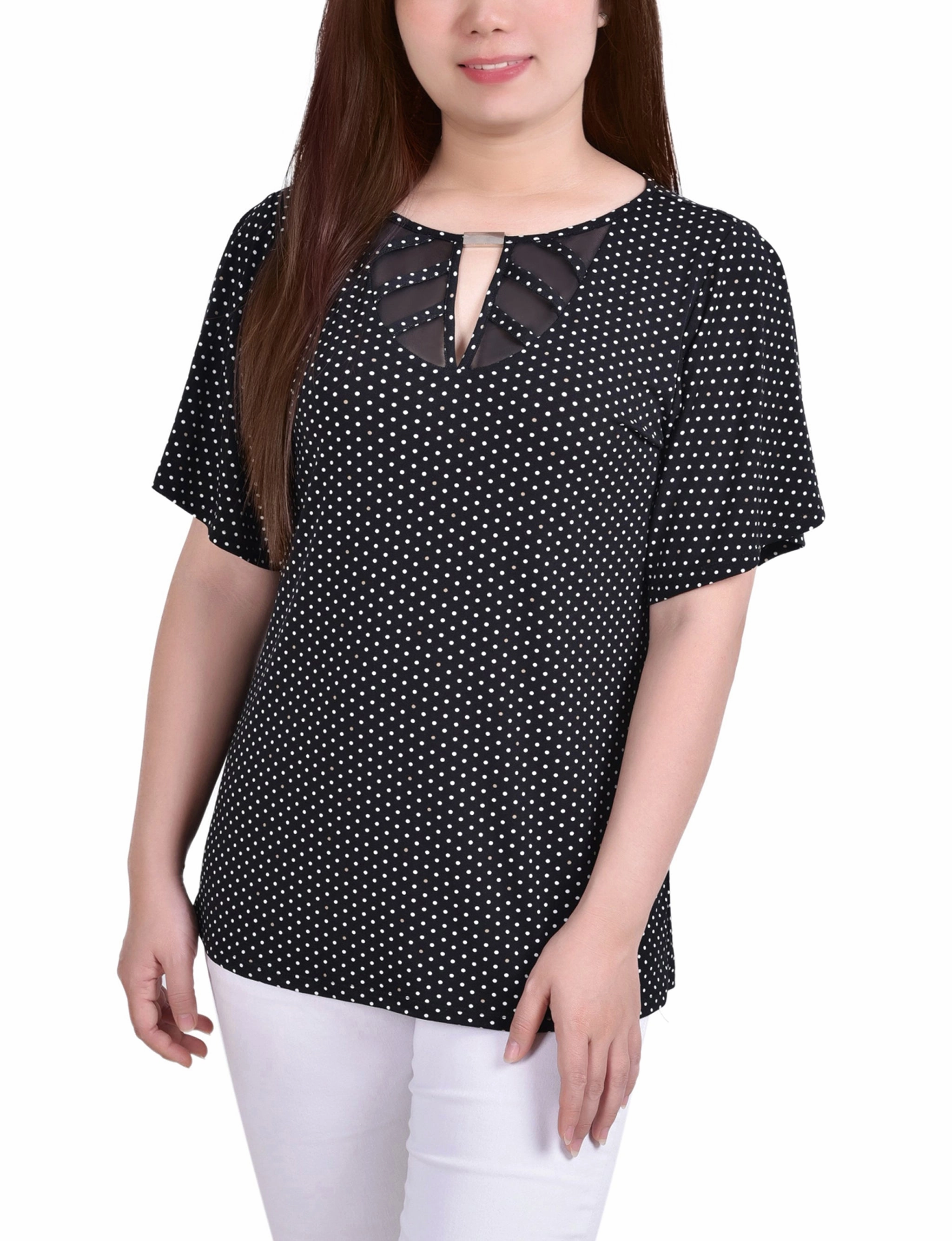 Breathable Microfiber MultiPanelDesign Mesh Flutter Sleeve Knit Top