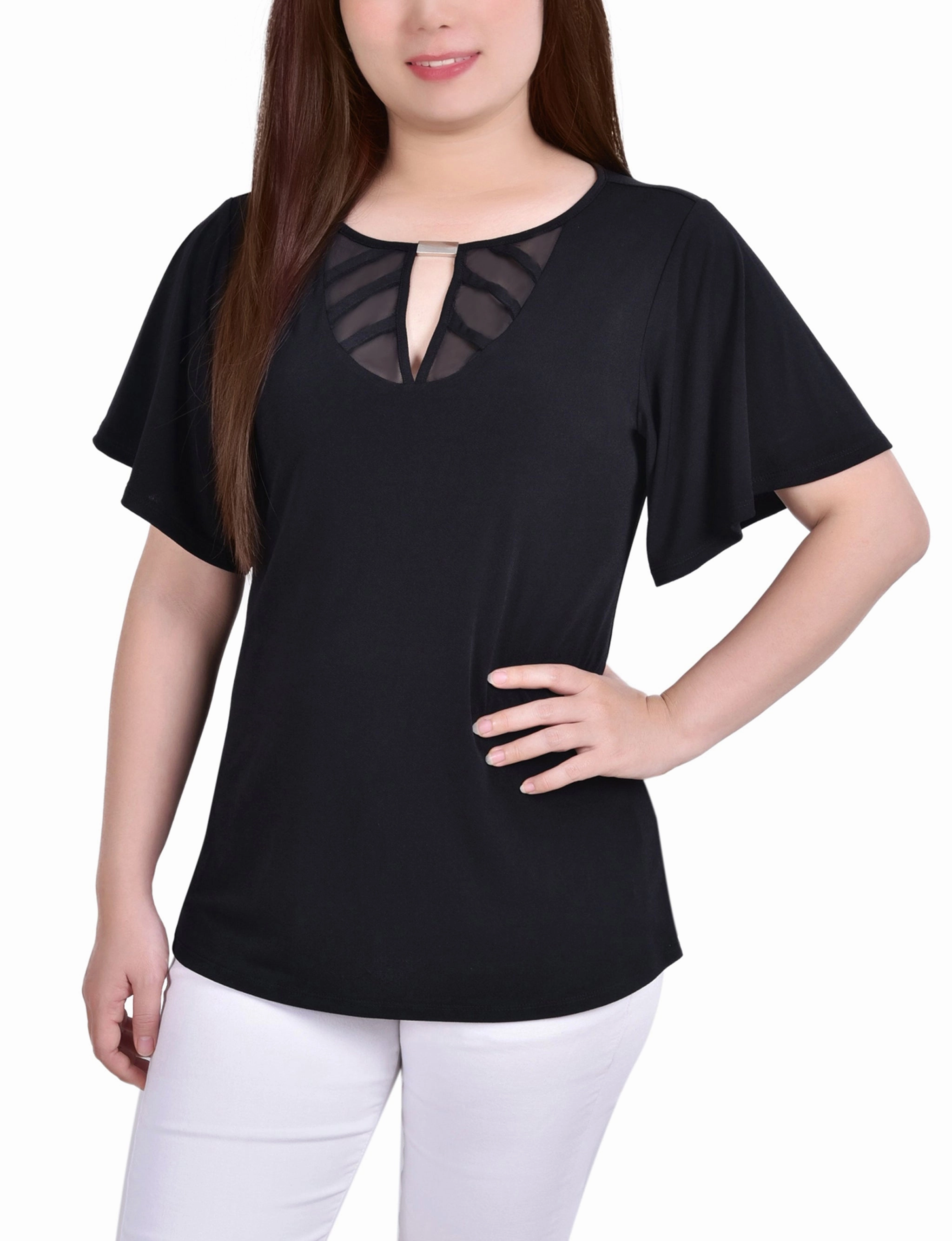 Mesh Flutter Sleeve Knit Top Thermal Insulation Tech